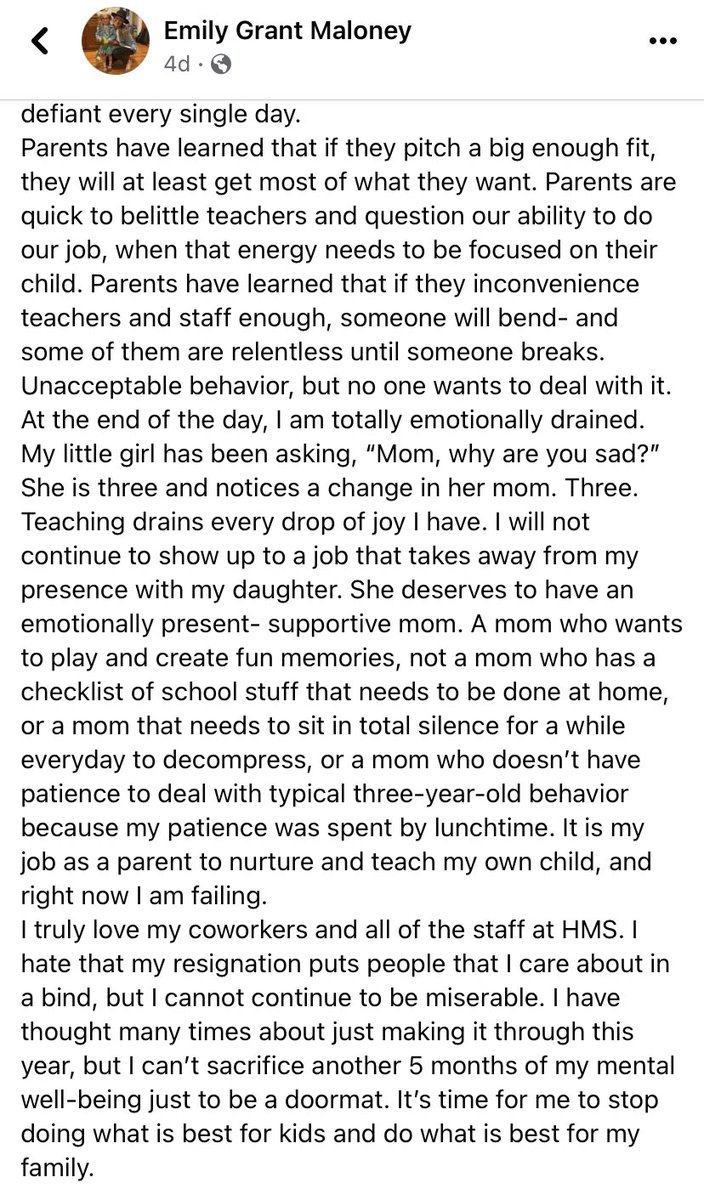 This resignation letter is the epitome of current #teacherproblems.
Take a moment to read.

2nd photo/middle paragraph: “Children are becoming more defiant and entitled everyday.”

The end: “I can’t sacrifice … my mental well-being to be a doormat.”