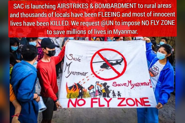 Phu_twt_mm's tweet photo. SAC is launching AIRSTRIKES &amp; BOMBARDMENT to rural areas and thousands of locals have been FLEEING and most of innocent lives have been KILLED. We urgently request @UN @UNGeneva @UN_HRC to impose #NoFlyZoneInMyanmar to save the millions of lives. https://t.co/rPIxnKEKB9