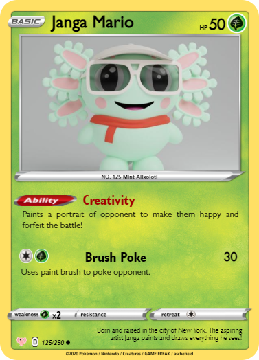 ioriNFT's tweet photo. My Janga Mario as a pokemon card. Don't make him use his Brush Poke or else!! haha! 💞💞 thank you! @ARxolotl
especially @snimo0 for making this incredible pokemon card <3 i love it!! #TeamGrassType #Creativity #NFT #NFTart #ChildhoodMemories https://t.co/GBDCj2JxmH