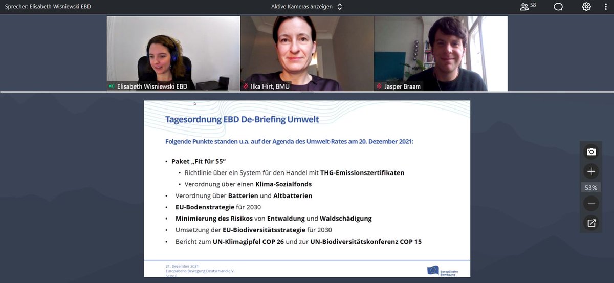 PraktischEBD's tweet photo. Im jüngsten #EBDdebrief|in zum Thema #Umwelt berichten unter der Moderation von @EliWisnia Ilka Hirt vom @BMUV und Jasper Braam vom @BMWi_Bund über die neusten Entwicklungen zum #Fitfor55-Paket, der #EU-Bodenstrategie 2030, der #cop26 und vieles mehr! 🇪🇺 https://t.co/R6zWOmoAlk