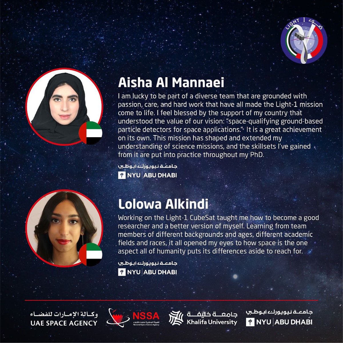 uaespaceagency's tweet photo. Light-1 was developed by young engineers and scientists working from labs in the UAE. The team is made up of 23 students, including nine Bahrainis and ten Emiratis from Khalifa University and NYU Abu Dhabi https://t.co/Ba81YFw4cw