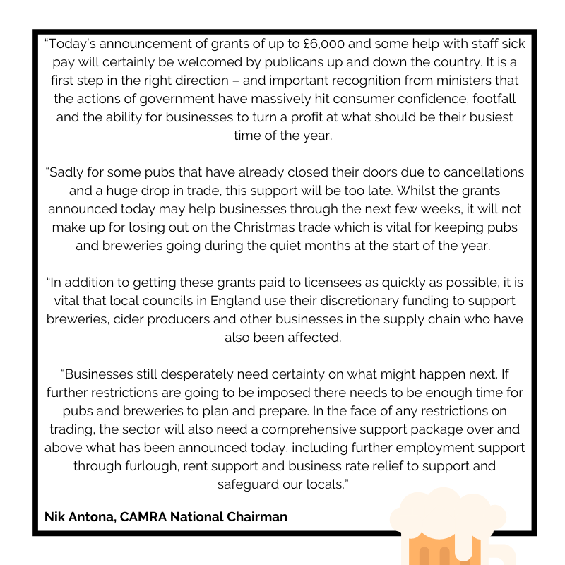 Responding to the announcement of financial support from the UK Government for businesses affected by the Omicron variant, please find a quote from CAMRA National Chairman Nik Antona.

Read it on our website 👉 ow.ly/fiMY50Hgrnj