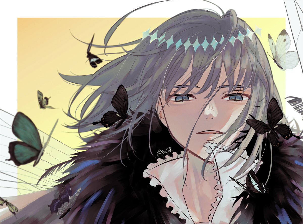 oberon (fate) 1boy male focus bug solo butterfly insect wings grey hair  illustration images