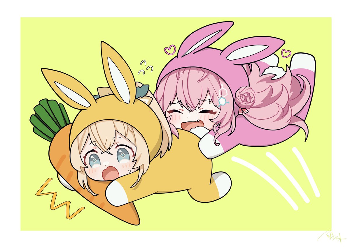 hakui koyori ,kazama iroha multiple girls 2girls blonde hair pink hair closed eyes rabbit costume carrot  illustration images
