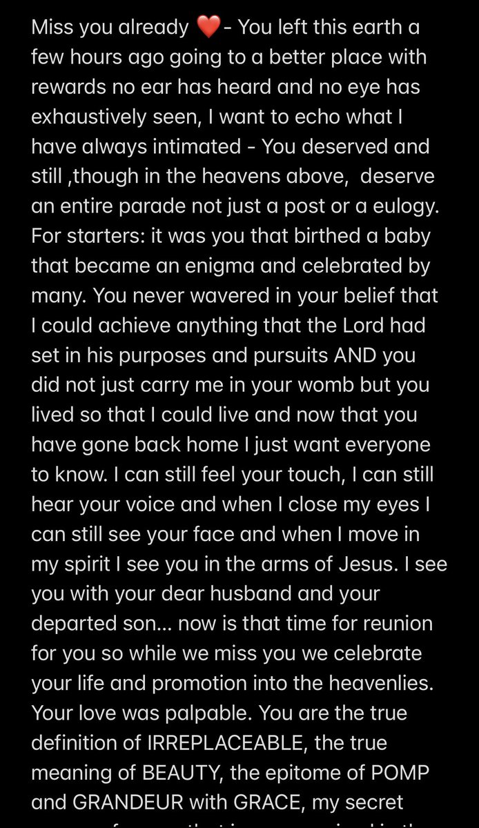 UebertAngel's tweet photo. Miss you already ❤️- You left this earth a few hours ago going to a better place with rewards no ear has heard and no eye has exhaustively seen, I want to echo what I have always intimated … continued on images… https://t.co/8n9oR3T32v