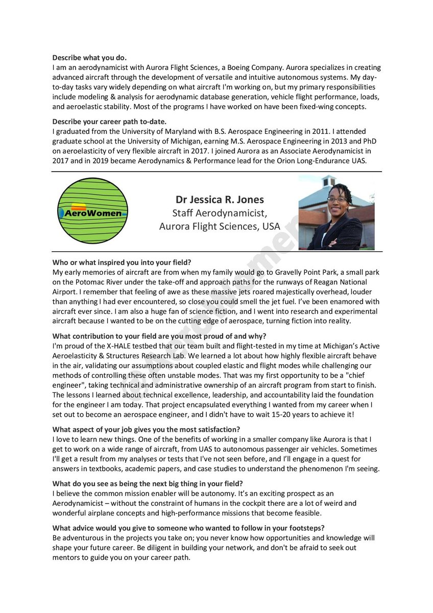 Meet Dr Jessica R. Jones, Aerodynamicist at <a href="/AuroraFlightSci/">Aurora Flight Sciences</a>. Jessica is responsible for aerodynamic modeling &amp; performance analysis of aircraft concepts, from flexible UAS #drones to future flight passenger vehicles #WomeninSTEM #BlackInSTEM #WomenandDrones #WomeninAviation