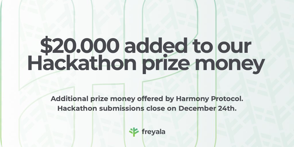 Thanks to the kind people of <a href="/harmonyprotocol/">Harmony 💙</a> we just added $20K to our #Defi and #Gaming #Hackathon prize pool! The total prize pool is now $70K!

Want to join? Hurry, submissions close the 24th 👉 forms.gle/rpeTYsFUqVoU68…

More info here 👉 medium.com/@freyala/freya…
