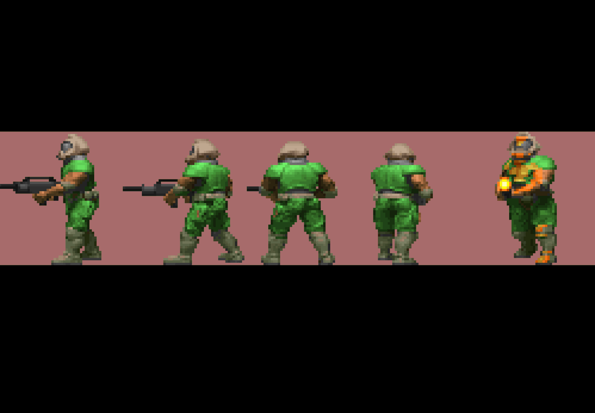 sylefeb's tweet photo. Here we go again, making sprite tables for the #doomchip 'on-ice'! (I love sprite tables, especially those multi-view sprites). This is all done by #Silice Lua pre-processor from the original game data. https://t.co/rOTeG1dGEa