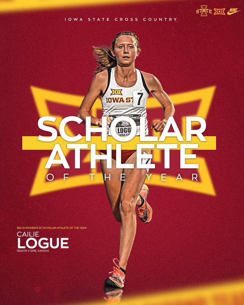 CycloneTrackXC's tweet photo. Cailie Logue is your 2021 #Big12XC Women's Scholar-Athlete of the Year!

🌪️ First 3x #Big12XC Women's Scholar-Athlete of the Year
🌪️ Fourth at NCAA XC Champs
🌪️ 3.98 GPA in Kinesiology

#CycloneSZN #Run4ISU https://t.co/yBIuG72JB8