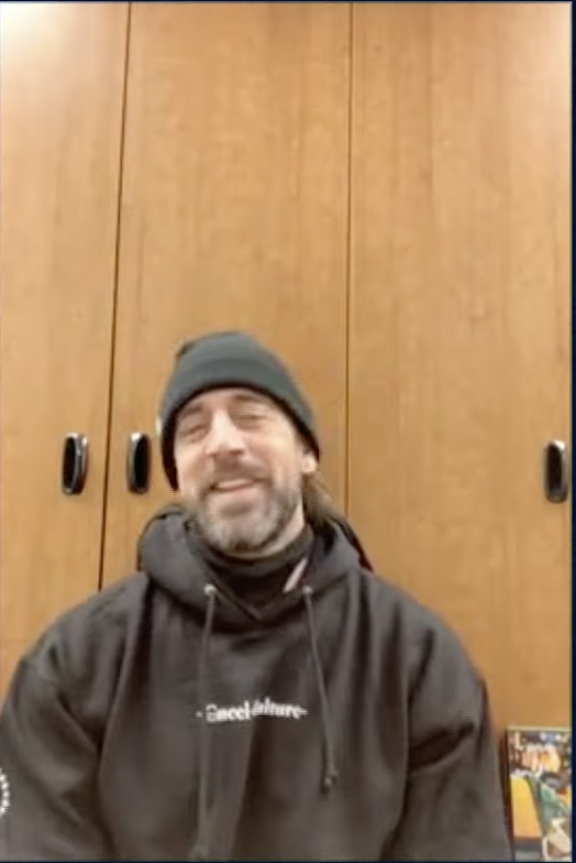 JuMosq's tweet photo. Rodgers is wearing a cancel culture hoodie https://t.co/hped1h6N3v