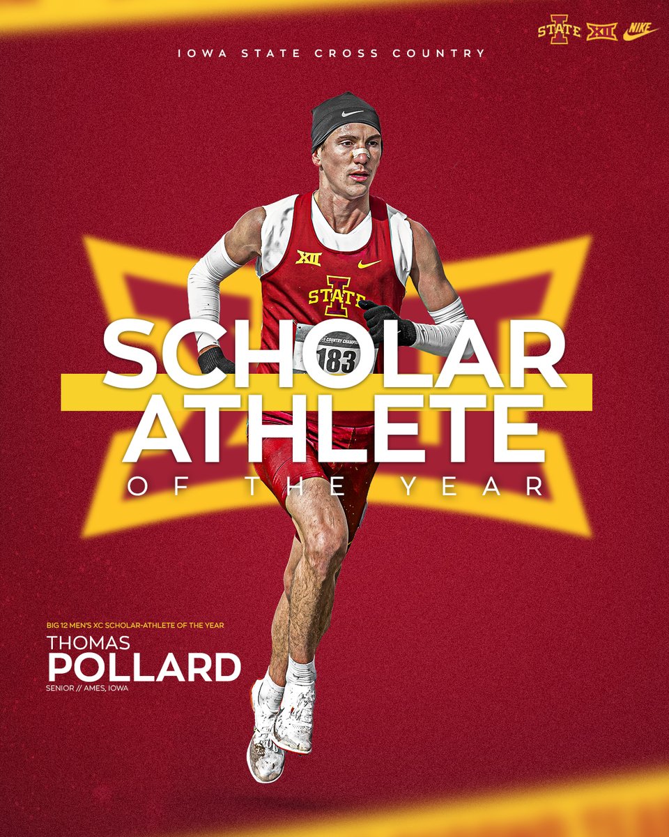 CycloneTrackXC's tweet photo. Thomas Pollard is your 2021 #Big12XC Men's Scholar-Athlete of the Year!

🌪️ 2x #Big12XC Men's Scholar-Athlete of the Year
🌪️ 21st at NCAA XC Champs
🌪️ 4.00 GPA in Information Systems and Business Analytics Grad Program

#CycloneSZN #Run4ISU https://t.co/QZ8bFg5Lir