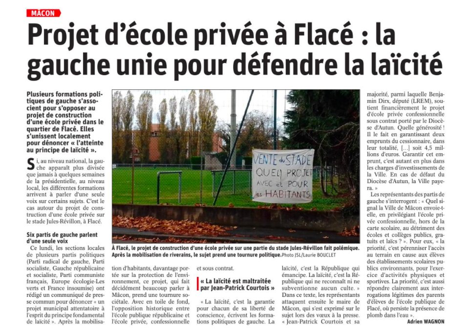 Le soutien financier du maire de #Mâcon Jean-Patrick Courtois, allié de #LREM, au projet d’école privée confessionnelle sous contrat, est attentatoire à l’esprit du principe fondamental de #Laicite.
La #Laicite, c'est la #République qui émancipe.
<a href="/partisocialiste/">Parti socialiste</a> <a href="/faureolivier/">Olivier Faure</a>