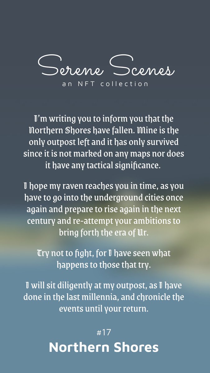 #17 Northern Shores

I love northern landscapes that can be seen in Scotland, Norway, and other countries... They sometimes are really moody, but they have a calming effect on me and seem to hold some mystery.

opensea.io/assets/matic/0…

#NFTartworks