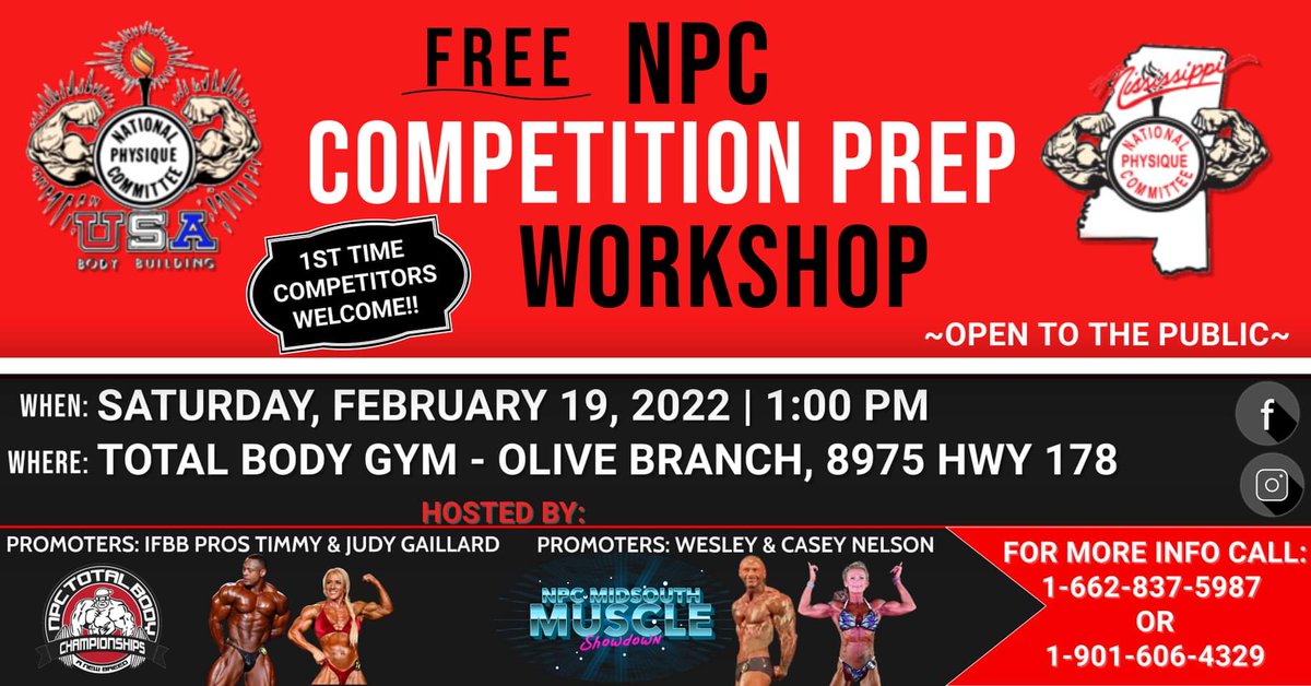 JudyGaillard's tweet photo. 💥FREE NPC COMPETITION WORKSHOP💥
 
Your chance to be one on one with IFBB PROS &amp; Top level national competitors! Learn everything you need to know about competing in the NPC. 
Everyone invited, 
Bring a Friend!
Sat, 2/19 @ Total Body Gym - Olive Branch! https://t.co/y01OUqPdak