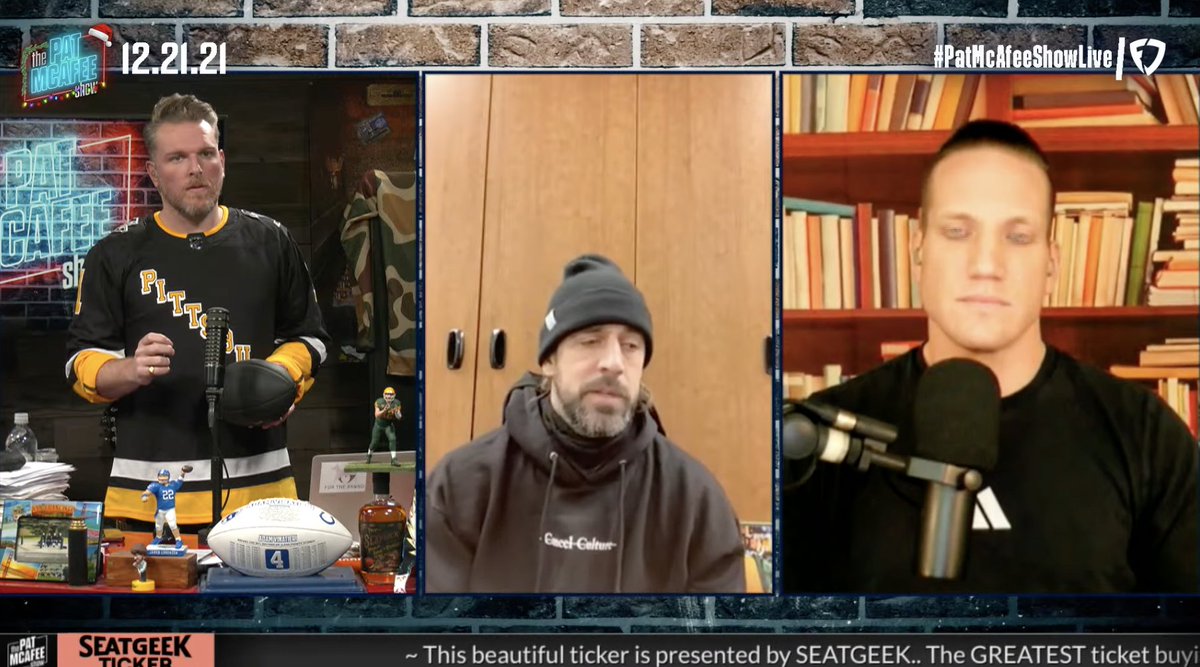 WillBrinson's tweet photo. Aaron Rodgers is wearing a "C̶a̶n̶c̶e̶l̶ C̶u̶l̶t̶u̶r̶e̶" hoodie during his usual Tuesday @PatMcAfeeShow appearance https://t.co/JGfXpJJaWn