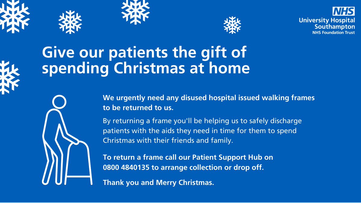 UHSFT's tweet photo. 📢 We have an urgent need for the return of walking frames to help get patients home in time for Christmas 🎄 

To return a frame call our @UHS_SupportHub on 0800 4840135 to arrange collection or drop off.

More info at: https://t.co/sAJ34QDluA https://t.co/EXDlkzVWxZ