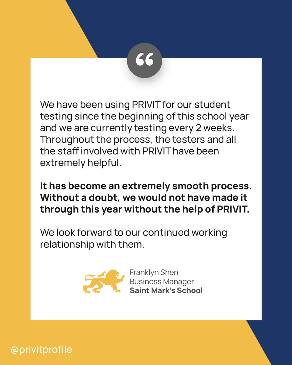 PrivitProfile's tweet photo. 💬 "Without a doubt, we would not have made it through this year without the help of @PrivitProfile"

We're glad that Saint Mark's School has had such a great experience letting #PRIVITPass manage its COVID-19 testing protocol! 

#TestimonialTuesday | #PapertoPRIVIT📄➡️🖥️ https://t.co/T8jAbjo7g8