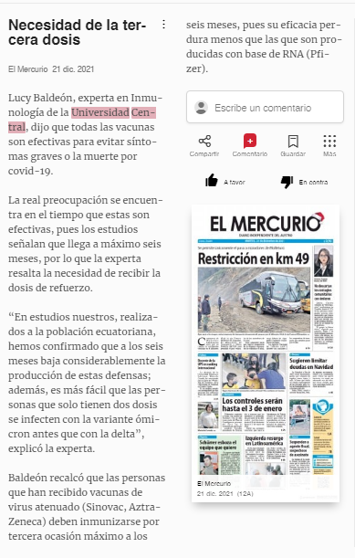 lacentralec's tweet photo. La #UniversidadCentral en la prensa: "Lucy Baldeón, experta en inmunología de la Universidad Central del Ecuador, dice todas las vacunas son efectivas para evitar síntomas graves" https://t.co/sH6lAs2YzS