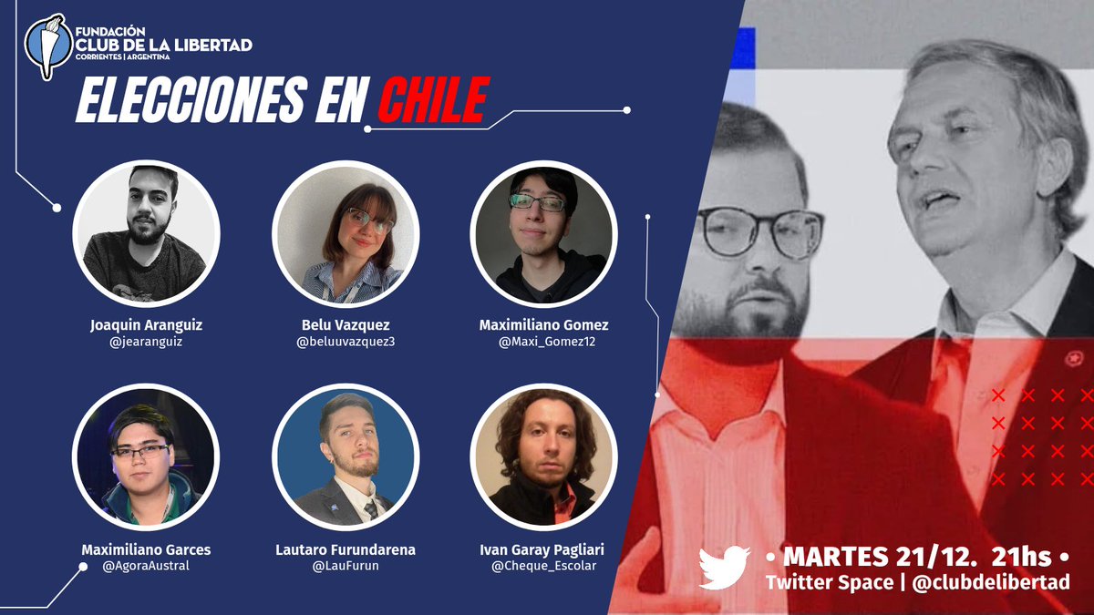 clubdelibertad's tweet photo. ⭐ ELECCIONES EN CHILE ⭐

El día de hoy tendremos el agrado de charlar, analizar y ver cómo impacta el resultado electoral tanto en Chile como en la región! con la participación de: @Maxi_Gomez12 @beluuvazquez3 @jearanguiz @Cheque_Escolar @LauFurun y @AgoraAustral https://t.co/V86sk4VaBH