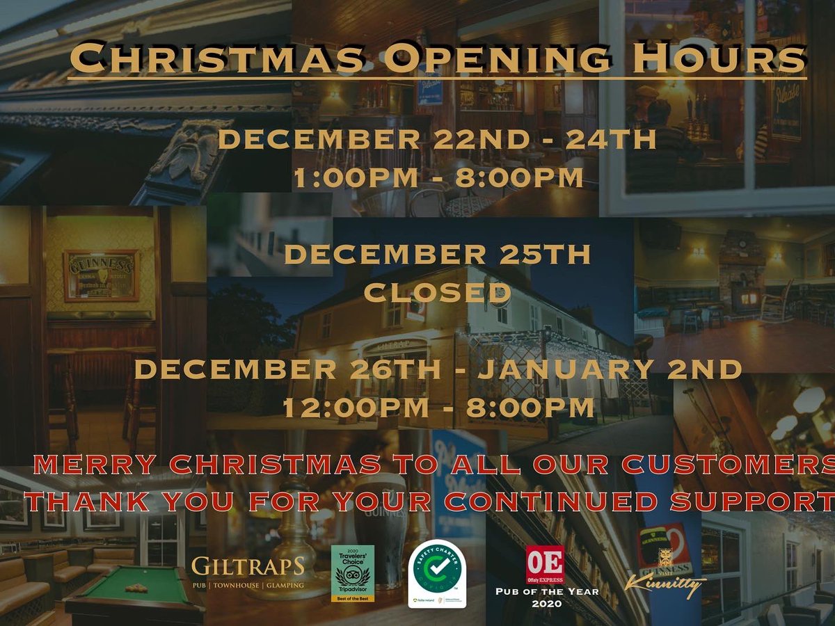 VisitKinnitty's tweet photo. Uncertainly around #Covid19 continues, but the support of our customers has remained consistent throughout the pandemic. MASSIVE thanks to all of you and season greetings, from all the team at #Giltraps🎄🎅🏼🤶🏻🎁🍻🥂 #GiltrapsPub #Kinnitty #VisitKinnitty #VisitOffaly #slievebloom https://t.co/fU6ZoT0vvx