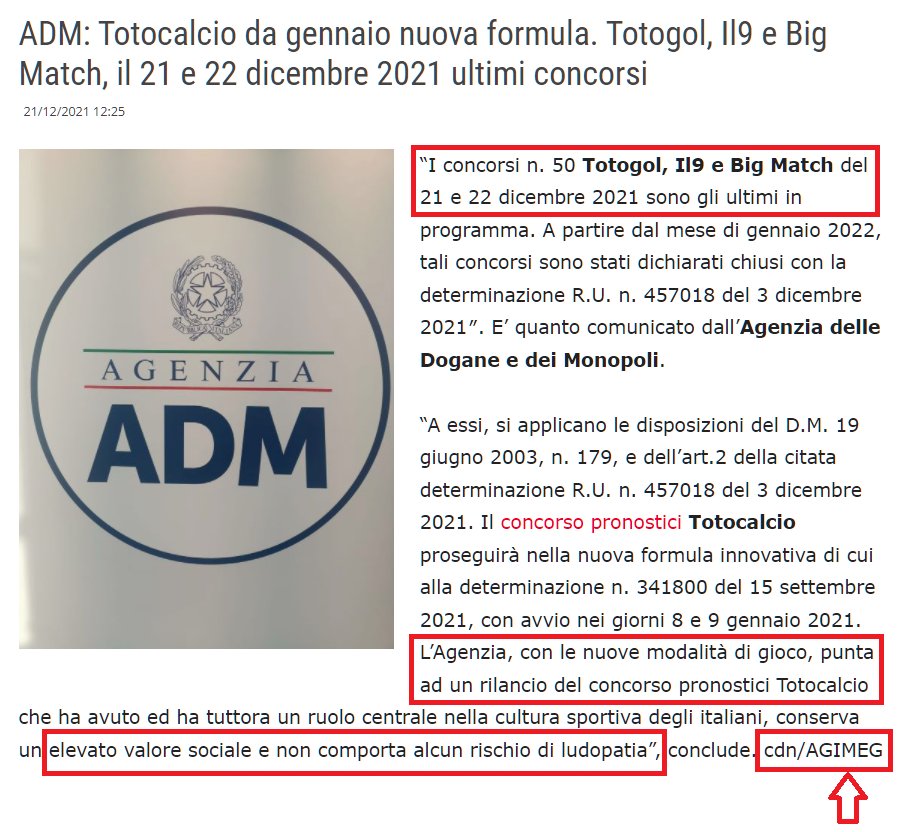 TotoeCalcio's tweet photo. Concorsi n. 50 di #Totogol, #IL9 e #BigMatch gli ultimi. Dichiarati chiusi. Fonte Agimeg.

Per me. Uno si è salvato. In tutto o quasi.
IL9, diventa #Formula9 al nuovo  #Totocalcio.
Salvo variazioni, parte da 8 gennaio 2022.
Anche i vecchi archivi concorsi, riutilizzabili subito. https://t.co/8l2agQT9fL