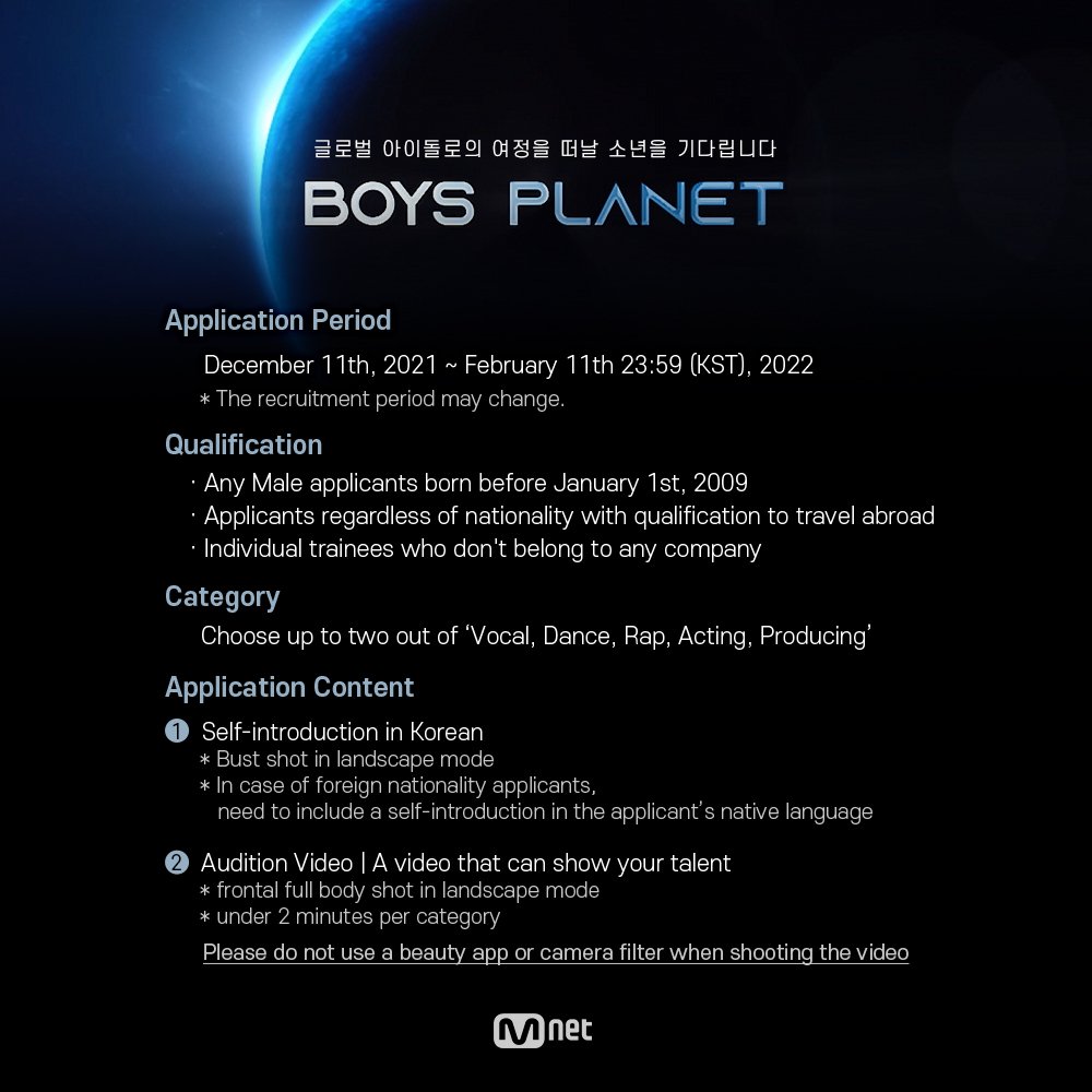 _mwwwm's tweet photo. รายการค้นหาไอดอล (เกาหลี)
รายการ BoysPlanet ของ Mnet
- ผู้ชาย
- อายุ 2009 ลงไป ไม่จำกัด
- สาย เต้น ร้อง แรป แสดง ผลิต (เลือกสอง)

สิ้นสุดสมัคร 11 กุมภาพันธ์ 2022 https://t.co/8OIZuvej02