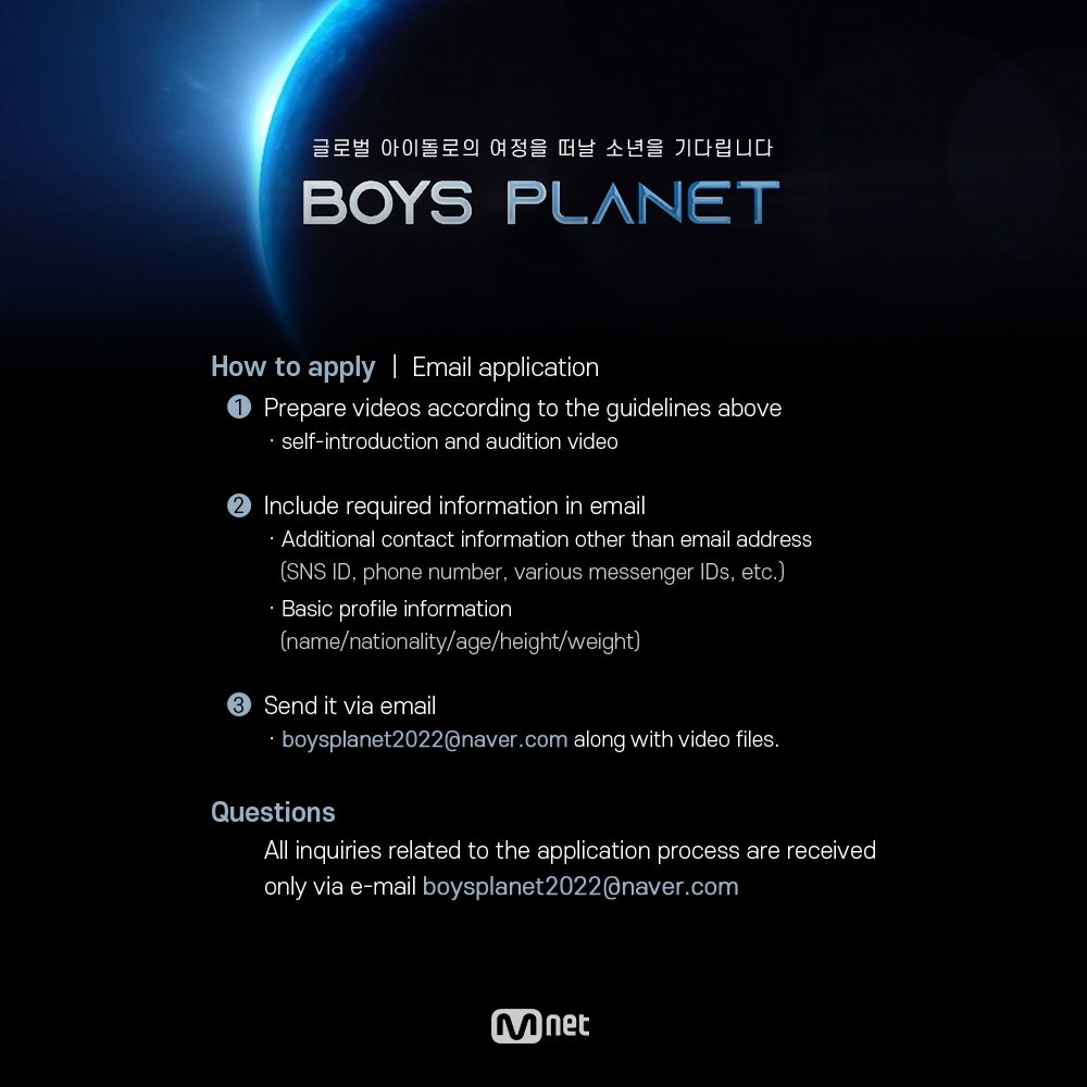 _mwwwm's tweet photo. รายการค้นหาไอดอล (เกาหลี)
รายการ BoysPlanet ของ Mnet
- ผู้ชาย
- อายุ 2009 ลงไป ไม่จำกัด
- สาย เต้น ร้อง แรป แสดง ผลิต (เลือกสอง)

สิ้นสุดสมัคร 11 กุมภาพันธ์ 2022 https://t.co/8OIZuvej02