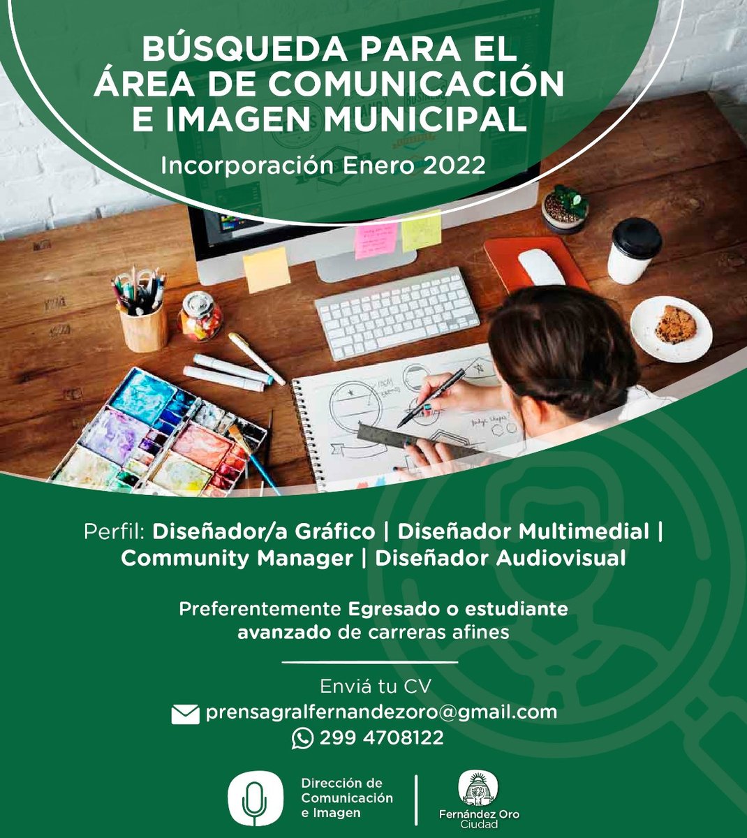 RMConfluencia's tweet photo. Compartimos dos ofertas laborales de la Municipalidad de Fernández Oro destinadas a profesionales y estudiantes de Comunicación, Diseño y Community Manager de la Región: https://t.co/FhNL5YVMcF