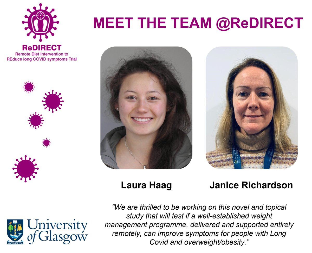 ReDIRECT_study's tweet photo. #MeetTheTeam 🙋‍♀️ of the #ReDIRECT study

Say hello to our researchers Laura and Janice @RichardsonJanbo. They are part of the core team delivering the #LongCovid research trial at @UofGlasgow and will be the main contacts for study participants. 

👉 visit https://t.co/pPWLmgimqs https://t.co/cSwVzACDge