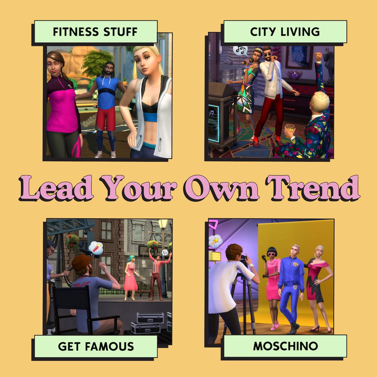 TheSims's tweet photo. Set the stage &amp; dive into your own trends with any of these packs 💯💪 #SimsSelves

Comment which pack you'd hype up the most! https://t.co/hfmuAhbQJF