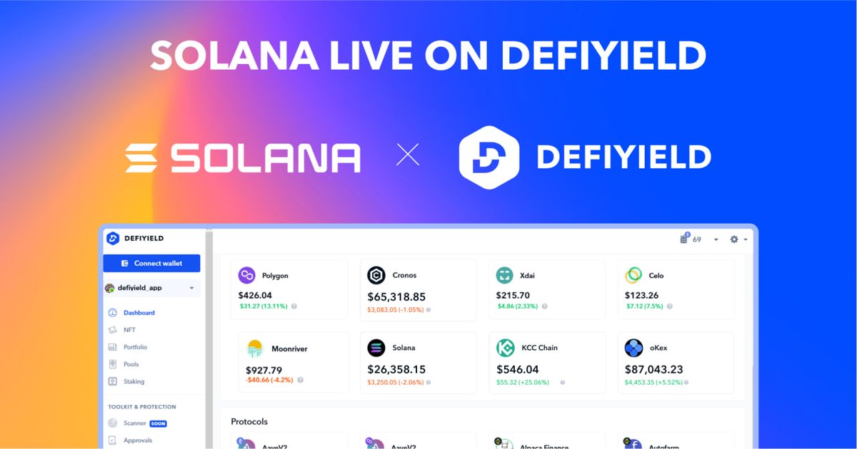 DeFi's tweet photo. DeFiYield Announcing Solana Integration🤩🦾

EXCLUSIVE FEATURE ALERT 

Now you can manage your EMV-compatible chains investment along with @solana ones!

Connect your wallet and see the magic of the all-in-one bundle solution by https://t.co/RLmYUDgE0L 🤩 https://t.co/YyY3TokY2Z