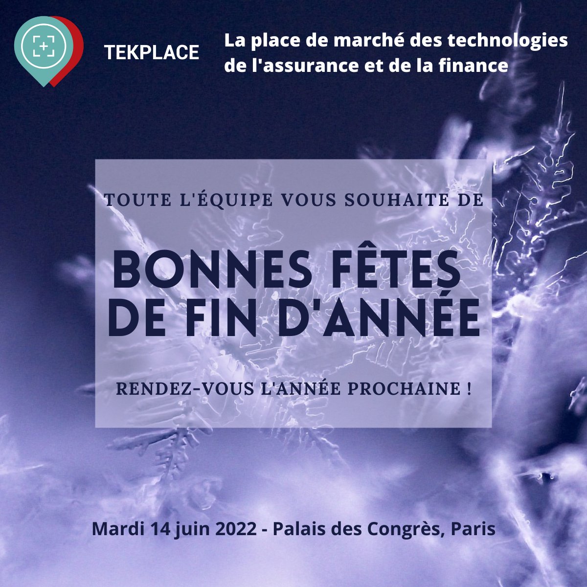 Toute l’équipe vous souhaite de belles fêtes de fin d’année, et vous donne rendez-vous en 2022 pour la prochaine édition de Tekplace, la place de marché des technologies de l’assurance et de la finance ! #assurance #finance #technologie