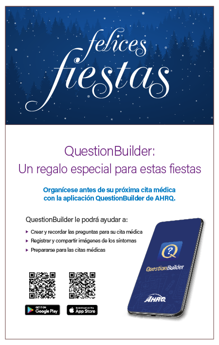 AHRQGov's tweet photo. #TuGobiernoEnEspañol: La app en español #QuestionBuilder de AHRQ ayuda a los pacientes latinos a sacarle el mayor provecho a sus citas. Organiza las preguntas para el médico antes de la cita. Descárgala estas fiestas https://t.co/uWafTClNIC https://t.co/d1UmBD9uqJ