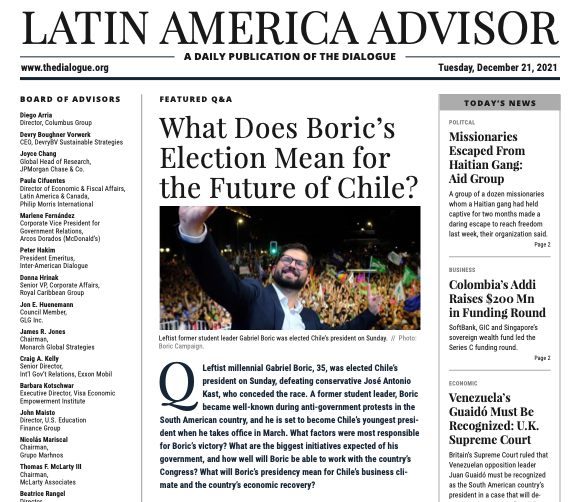 What will Gabriel Boric's presidency mean for Chile's future, and what are the biggest initiatives expected of his government?

Carla Alberti, <a href="/jorgeheinel/">Jorge Heine</a>, <a href="/zepedamariana/">Mariana Zepeda</a>, Peter M. Siavelis &amp; <a href="/PribbleJenny/">Jenny Pribble</a> comment 
#LatAmAdvisor

➡️ bit.ly/3jTMcqy
