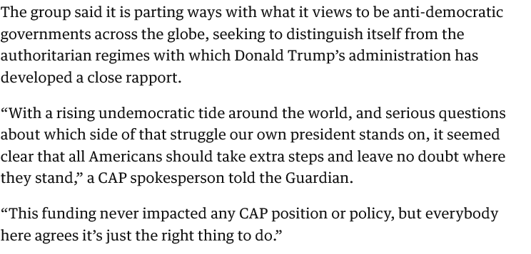 EliClifton's tweet photo. Back in 2019, CAP chose to stop accepting funding from UAE because: “This funding never impacted any CAP position or policy, but everybody here agrees it’s just the right thing to do.” https://t.co/OVqFdbzQjW https://t.co/1ymJE1hp3L