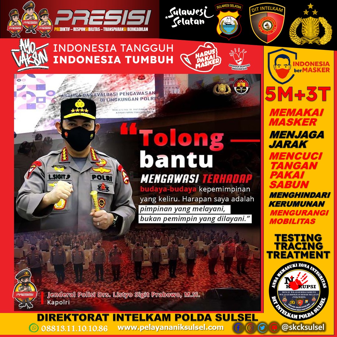 SkckMaros's tweet photo. “Tolong bantu mengawasi terhadap budaya-budaya kepemimpinan yang keliru. Harapan saya adalah pimpinan yang melayani, bukan pemimpin yang dilayani.”

Jenderal Polisi. Drs. Listyo Sigit Prabowo, https://t.co/8LJZXenJPs.
Kapolri

@kepalakepolisian_ri https://t.co/koNWShAJML