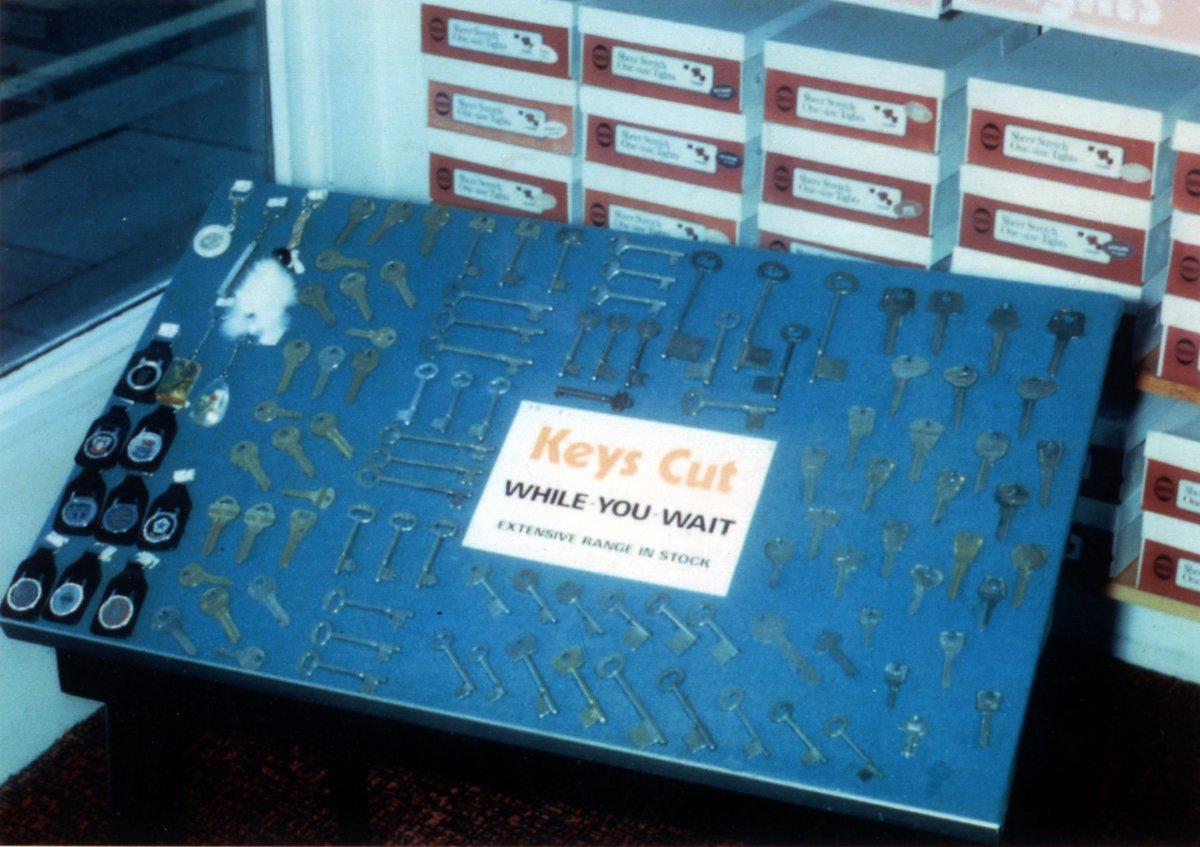TimpsonArchive's tweet photo. Been looking for this image for John's new book! I found it in a box of slides marked 1975, It was our first key display board that sat in the shop windows. #TimpsonArchive https://t.co/2bH8GjRvBo