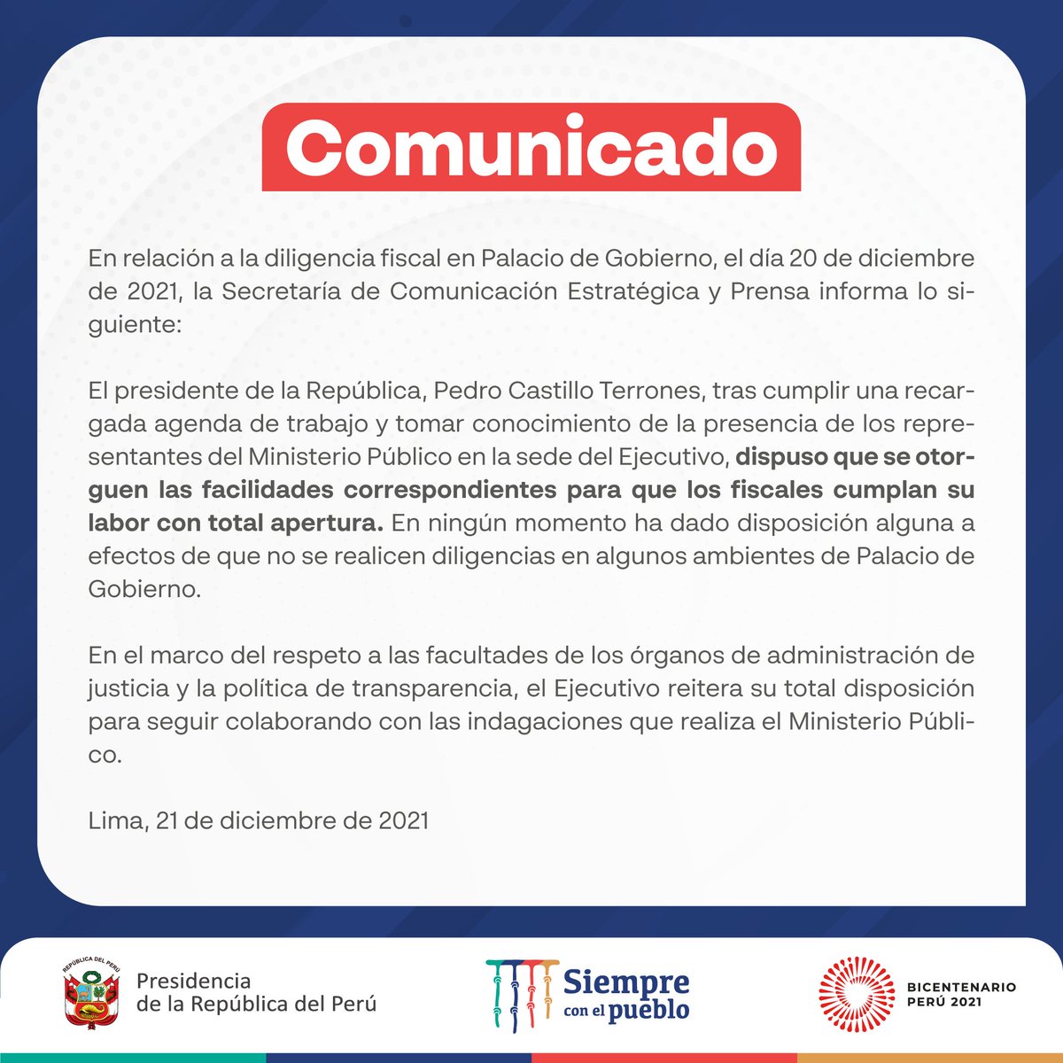 presidenciaperu's tweet photo. 📰 Compartimos el siguiente comunicado en relación a la diligencia fiscal en Palacio de Gobierno, el día 20 de diciembre de 2021, la Secretaría de Comunicación Estratégica y Prensa informa lo siguiente: https://t.co/72lIqBbshH