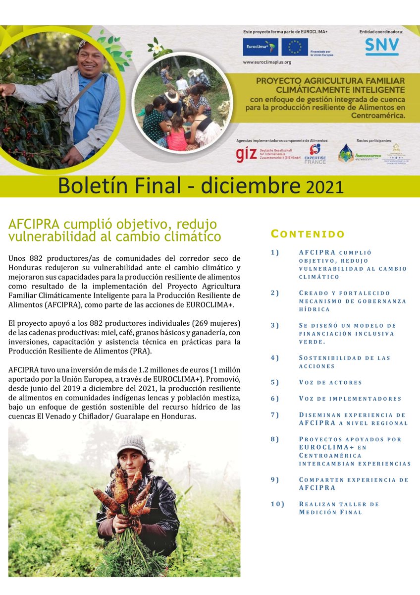 SNVCAMERICA's tweet photo. ¡Lectura recomendada!

Te compartimos el boletín final del Proyecto #AFCIPRA. Conoce el legado que dejamos en comunidades del corredor seco de #Honduras. Proyecto es parte de @EUROCLIMA_UE_AL  

Boletín completo en https://t.co/HjJiTsy8TH https://t.co/vciBeYdfUo