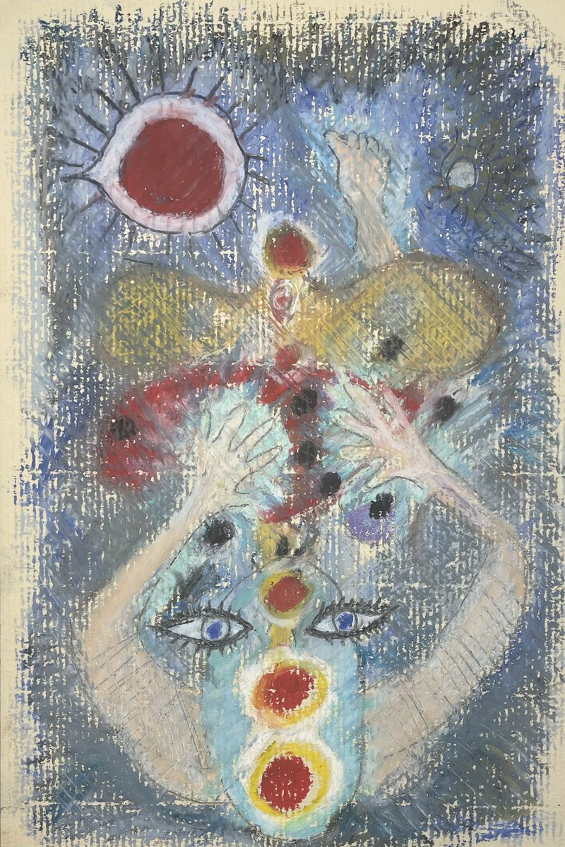 griseldamussett's tweet photo. The healing energy of Jikiden Reiki spreads through my body, almost visible in its radiance & mysterious power. The dark tumours will fade away. #jikiden #reiki #healing #energy #chemoart #oilpastel #bedart https://t.co/VoFlwkt2Qn