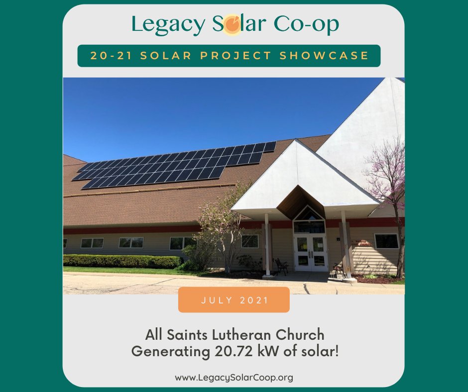 ☀️ The solar array installed to the All Saints Lutheran Church in Fitchburg by Midwest Solar Power has the capacity to generate about 26,400 kW hours of electricity annually. That means over 16 tons of Carbon Dioxide emissions avoided!☀️ Learn more at bit.ly/3p8QzBb