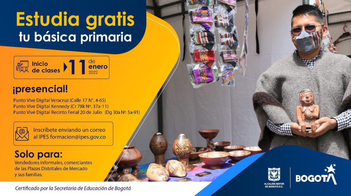 IPESBogota's tweet photo. ¿Quieres terminar tus estudios básicos?✅
Inscríbete enviando un correo a formacion@ipes.gov.co y valida los estudios en básica primaria y bachillerato.👩🏻🎓🧑🏽🎓👨🏼🎓
La inscripción y los cursos son totalmente gratis.👍🏼
El #IPESteImpulsa a cumplir tus metas.📚https://t.co/k0FNaG2JOA https://t.co/6gERyC1esh