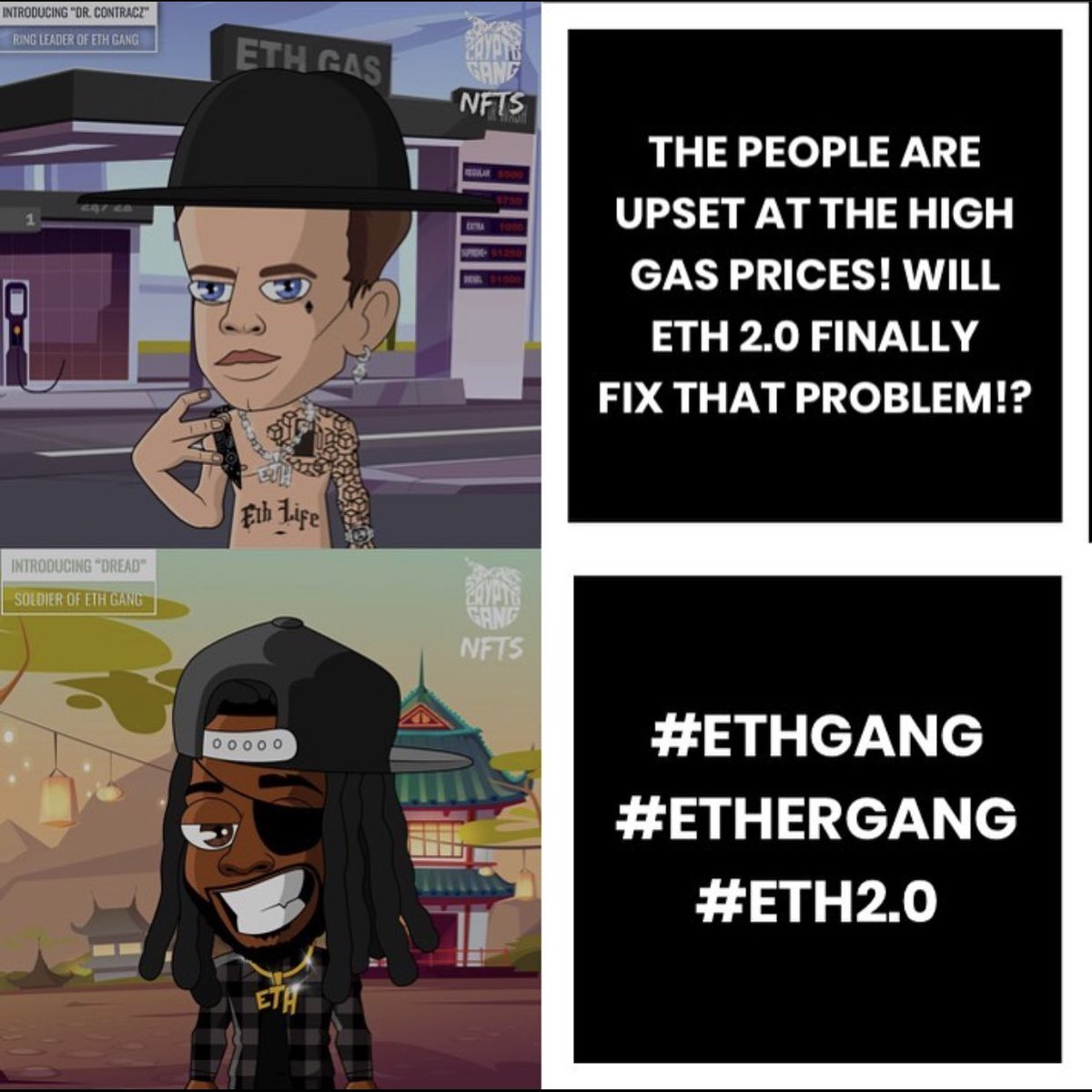 iamcryptogang's tweet photo. THE PEOPLE HAVE SPOKEN AND ARE UPSET AT THE EXTREMELY HIGH GAS PRICES! WILL DR. CONTRACTZ FINALLY SOLVE THIS PROBLEM WITH ETH 2.0 TO BRING THE PRICES BACK DOWN!? 

#Dread #DrContractz #VitalikButerin #CryptoGangNFT #CryptoGang  #EthereumGang #EthGang #EtherGang #CryptoGangAnthem https://t.co/t552G2s8wl