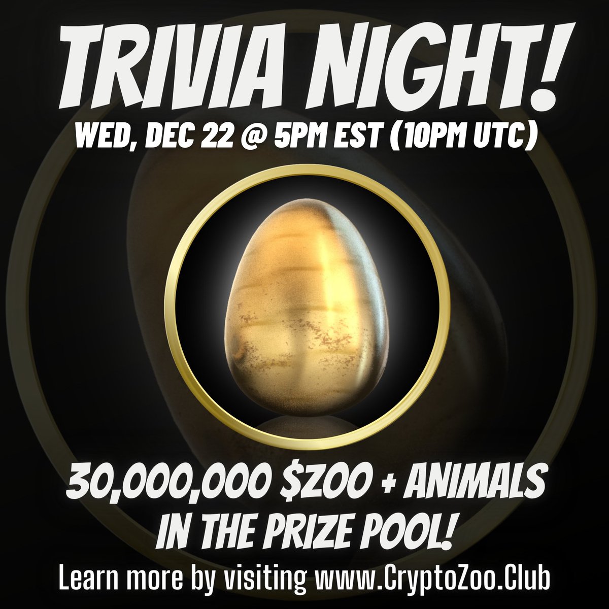 I’ll be hosting another Trivia Night for <a href="/CryptoZooCo/">CryptoZoo</a>! The Prize Pool will consist of at least 30M $ZOO Coins &amp; a few Zoo Animals! 

Come Play for a Chance to Win your first #CryptoZoo Animal!

RT to spread the word!

Learn more at CryptoZoo.Club