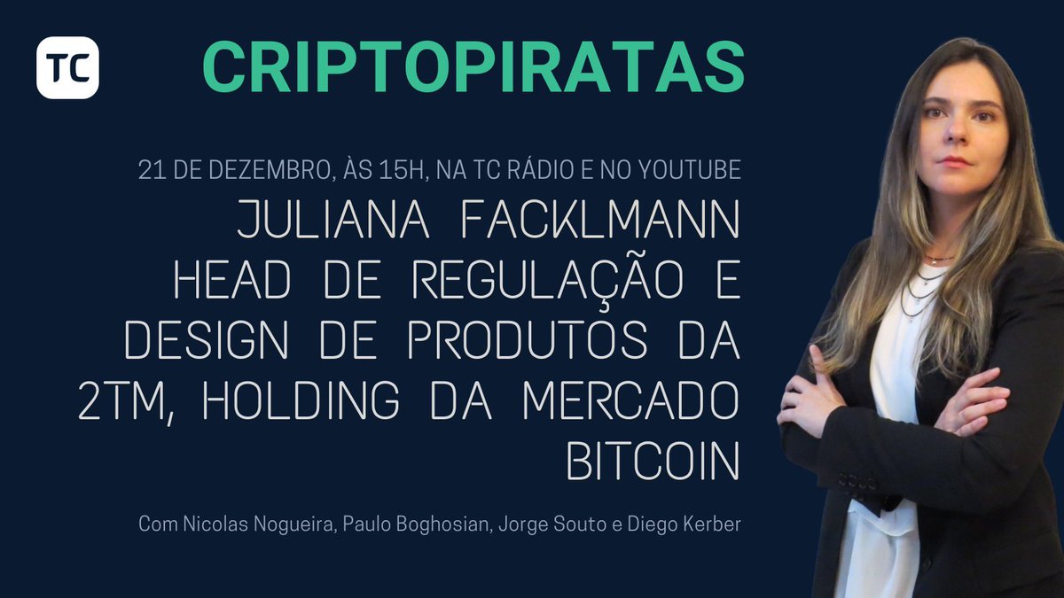 nicolasnogueira's tweet photo. No Criptopiratas de hoje, vamos conversar com a Juliana Facklmann, Head de regulação da 2TM, a holding da @MercadoBitcoin! Acompanhe pelo app TC ou YouTube! Com @JorgeSoutoTC, @Boghosian e 
@dikpcarvalho https://t.co/HV6ofD5qsi