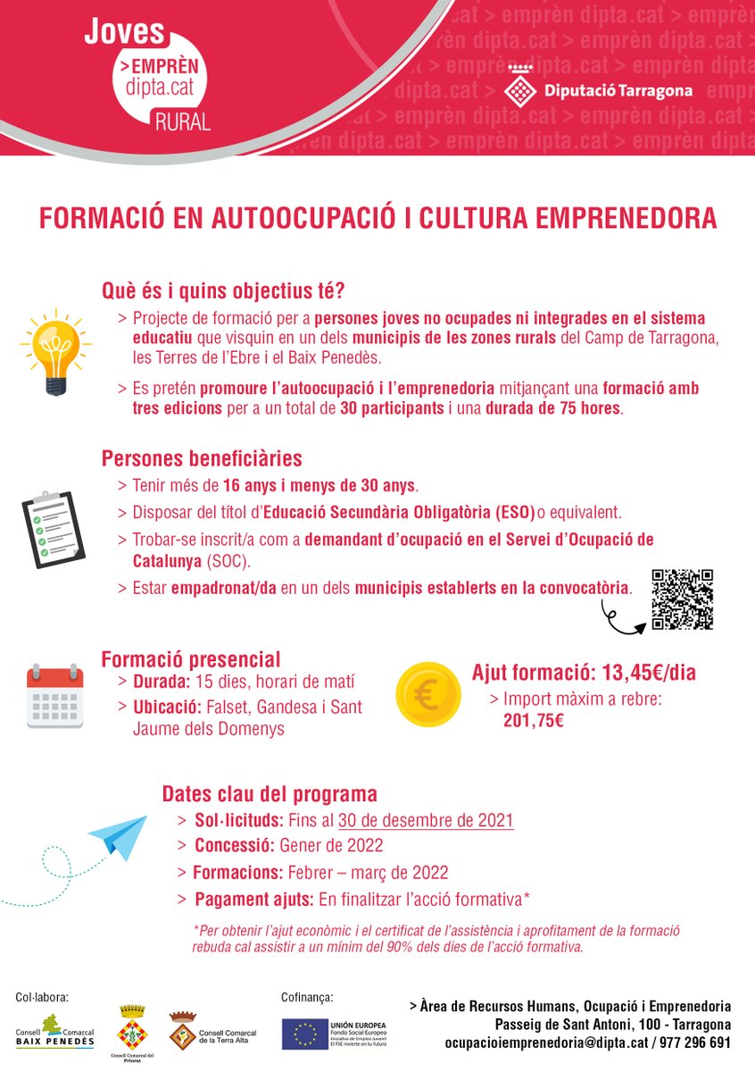 autoocupacio's tweet photo. 🙋 Atenció!

👉 Si tens entre 16 i 30 anys
👉 No estudies ni treballes actualment
👉 Vius a un municipi de les zones rurals del camp de Tarragona, Terres de l'Ebre o Baix Penedès

Aquesta formació en autoocupació i cultura emprenedora és per a tu! @Dipta_cat #socelquevullser https://t.co/Ll2GxtfwH0