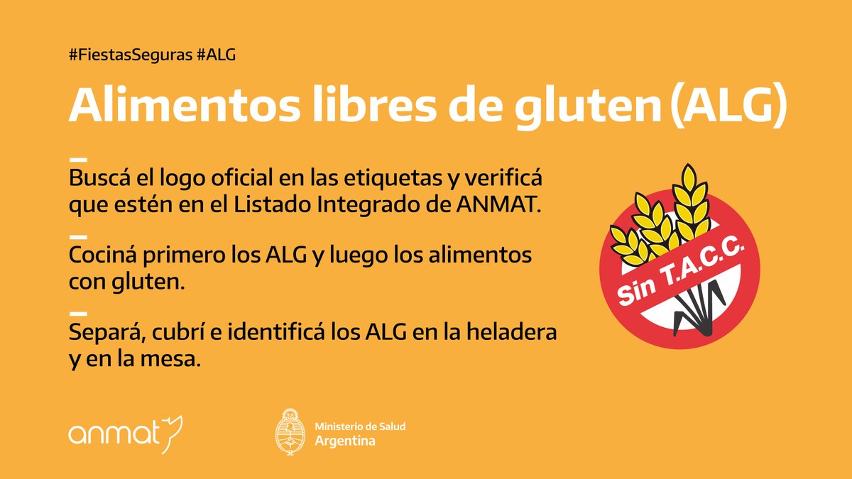 ANMATsalud's tweet photo. ¡Se acercan las Fiestas! 
Si consumís alimentos libres de gluten, consultá el listado oficial de #ALG en nuestra web.
 
Seguí estos consejos y cuidados para tener unas #FiestasSeguras.
 
#ListadoOficialALG
#Celiaquía
 
👉 Más info https://t.co/jBGgAsghdU https://t.co/Yt2qkt4y5V