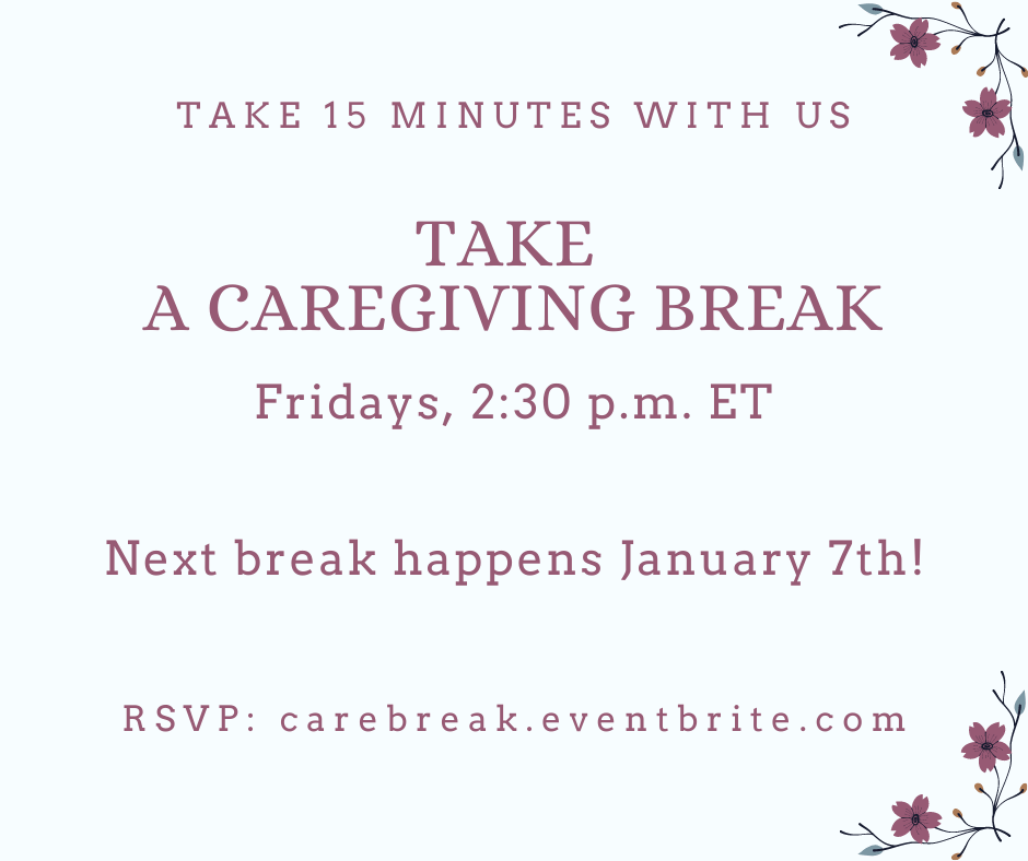 A personal caregiving experience includes worries, responsibilities and pressure. Let's gather on Fridays to take a 15 minute break and connect to support and comfort. 

carebreak.eventbrite.com

#caregiverstress