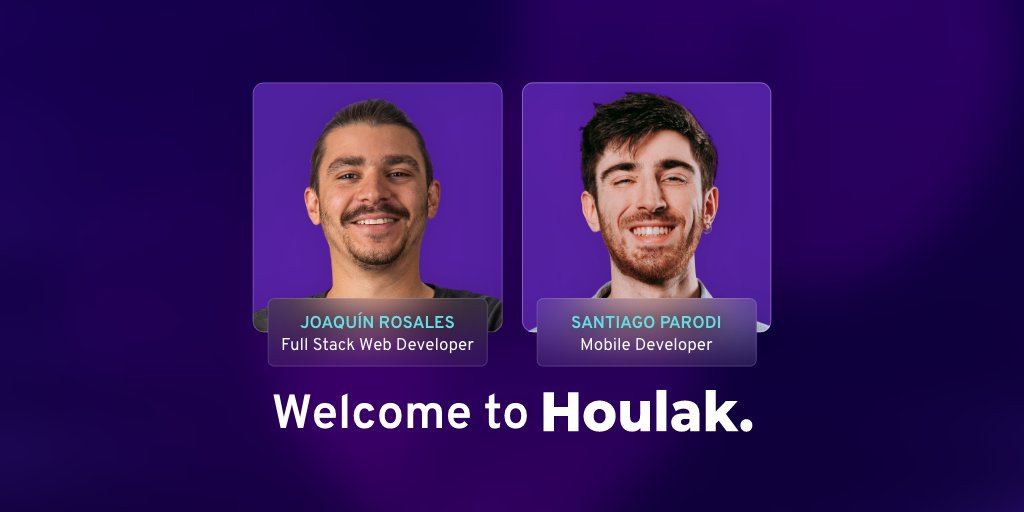 Welcome Joaco and Santi! 🎉 🎉

Two new #houlakers to grow our family and finish 2021 with new members for the web and mobile teams 💻 📱

Good luck, and let's crush 2022! 🚀 2️⃣0️⃣2️⃣2️⃣. 👊

#developers #houlak #ios #flutter #android #react #node