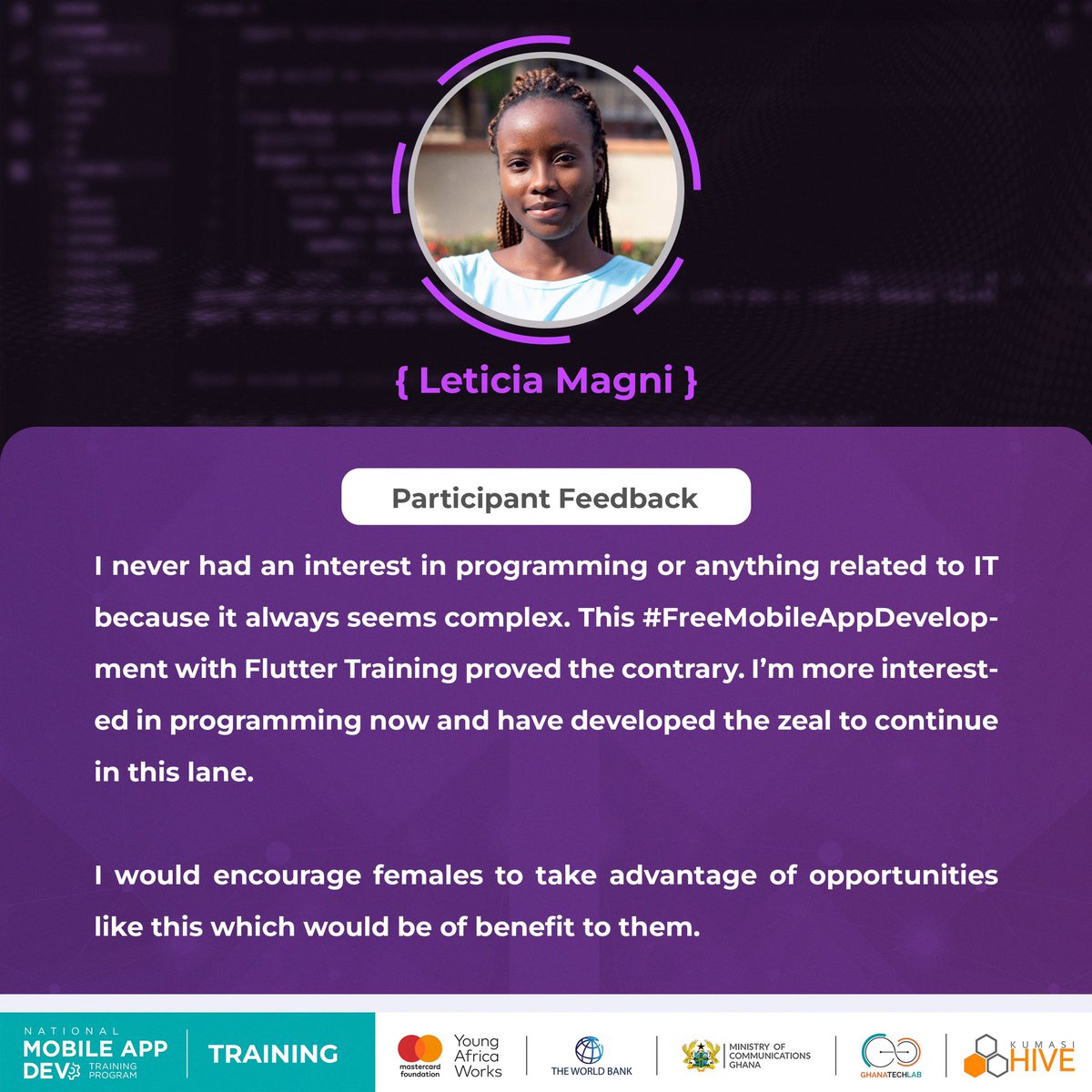 KumasiHive's tweet photo. Trainees from our #FreeMobileAppDevelopment with Flutter Training shares with us their feedback.
#HiveTraining #HiveImpact #HiveTribe #Ghana #PaSE #Backend #MobileAppTraining #Flutter #FeedBack #developer https://t.co/kKX2f43p35
